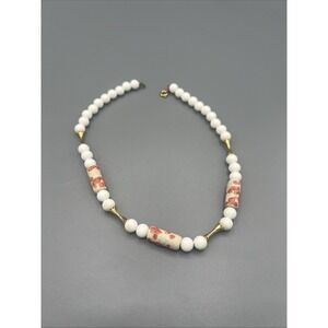 1960s Ceramic Floral Bead Necklace White Plastic Gold Tone Boho Mod MCM